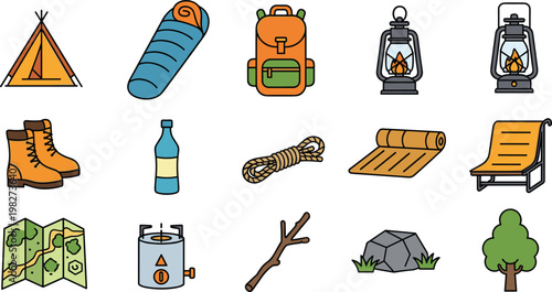 Camping Essentials Vector Set Featuring Tent Sleeping Bag Backpack Lantern Boots and Outdoor Gear