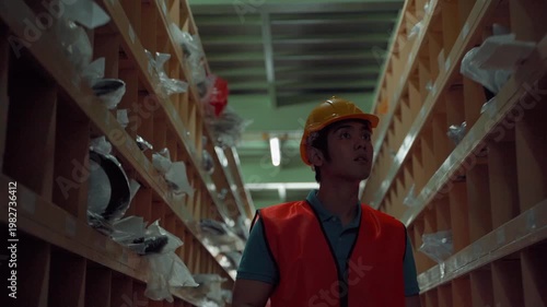 Male warehouse worker wearing safety vest and helmet picking items from storage shelves in narrow aisle, representing inventory management and order fulfillment
