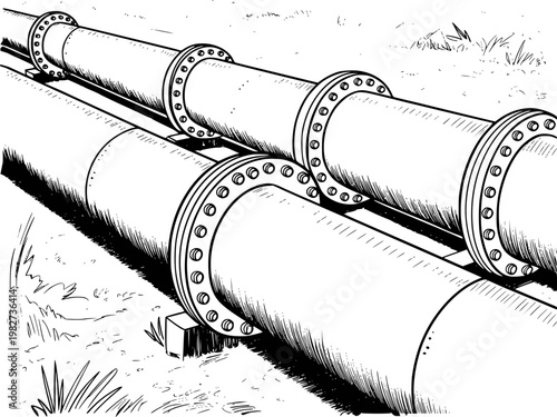 Industrial pipeline system with large diameter pipes and bolted flanges in a style
