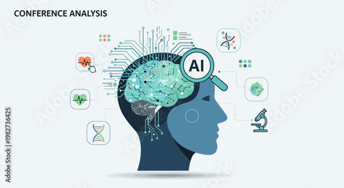 A brain with AI and data analysis icons represents technology and innovation in a conference setting with a human head and magnifying glass.