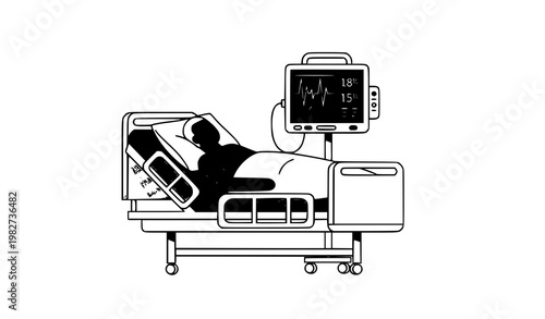 Medical patient in hospital bed with vital monitor healthcare vector illustration