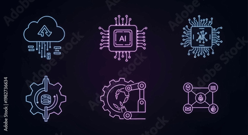 Six neon circuit icons illustrate technology concepts on a dark background
