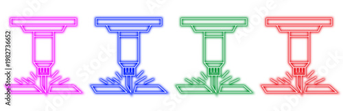 set of colorful neon laser cutting machine icons representing industrial manufacturing and fabrication technology with precision cutting process on metal