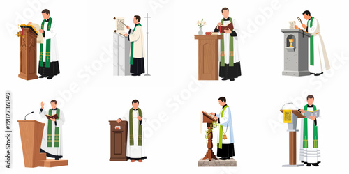 Schilderij op canvas Set of flat vector illustrations depicting a priest in liturgical vestments preaching and reading scriptures from various church pulpits and lecterns