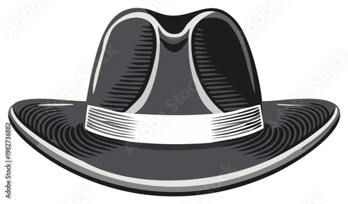 Stylish vintage fedora hat illustration in grayscale with white band detail