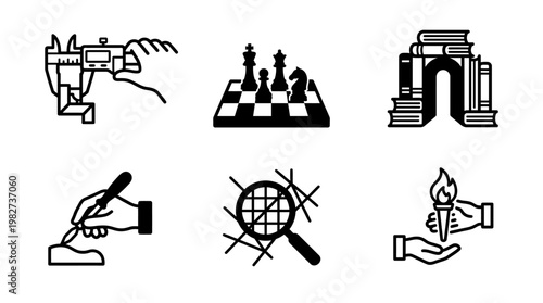Vector Icon Set of Scientific Research and Exploration Symbols in Monochrome Style