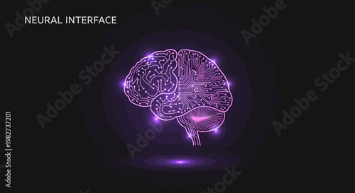 A futuristic neural interface connects a human brain with technology in a dark environment.