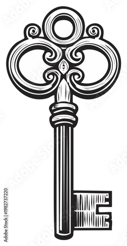 Ornate Vintage Key Illustration Detailed Black and White Decorative Unlock Treasure or Secrets Design Element