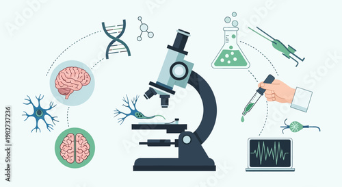Scientist examining brain cells and DNA in a laboratory setting with a microscope and equipment