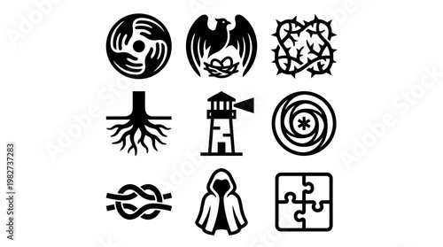 Icon Set of Mystical Symbols and Cultural Emblems for Design Projects