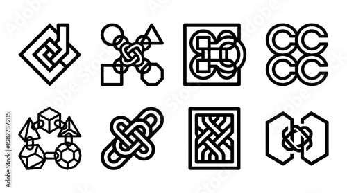 Set of Modern Black Line Icons Featuring Geometric and Abstract Designs for Digital Art