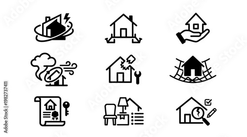 Icons Set of Diverse Houses and Construction Symbols for Real Estate and Building Projects