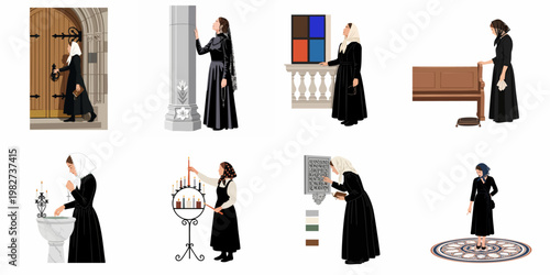 Tableau sur toile Set of illustrations depicting women in traditional black modest clothing performing various religious rituals and activities inside a church or cathedral