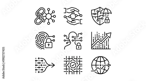 Vector Icon Set of Digital Security and Data Connectivity Symbols for Technology and Business