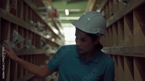 Female warehouse employee wearing safety helmet inspecting items on storage shelves and using tablet for inventory tracking in industrial logistics environment
