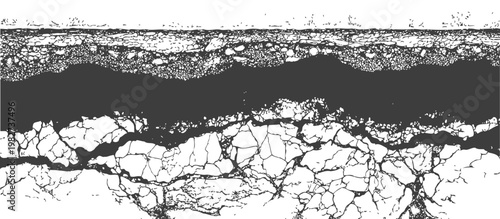 Black and White Vector Illustration of Cracked Earth Surface and Underground Soil Layers Cross Section