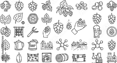 Hops Brewing Industry and Agriculture Line Art Icons Collection. Botanical Elements, Farm Tools, Beer Production, and Chemical Structures Doodle Set.