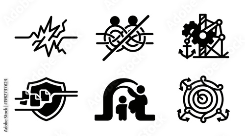 Set Of Six Monochrome Icons Depicting Medical, Technology, And Biological Concepts