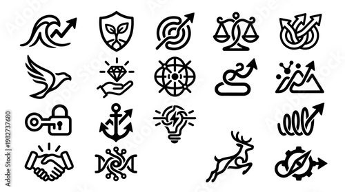 Set of Vector Icons Featuring Business, Communication, Growth, and Leadership Symbols