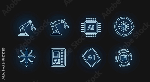 Neon icons of robotic arms and microchips illuminate a dark background with AI symbols.