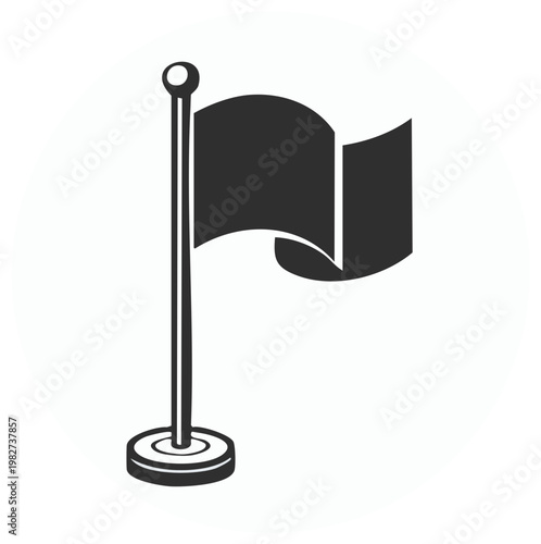 Graphic symbol of a dark waving flag on a tall flagpole with a solid circular base element