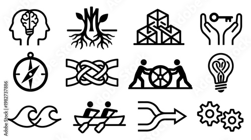 Collection of Minimalist Black and White Icons Representing Ideas and Innovation