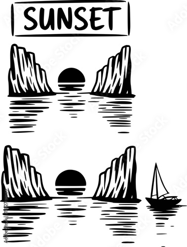Stylized black and white sunset scene with rocky cliffs and sailboat water reflection