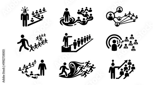 Collection of Flat Design Icons Representing Leadership, Teamwork, and Growth Techniques