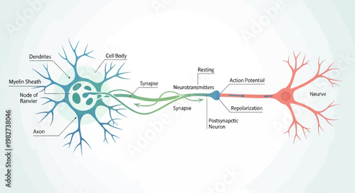 A neuron transmits signals through its dendrites to the cell body and then to the axon terminals.