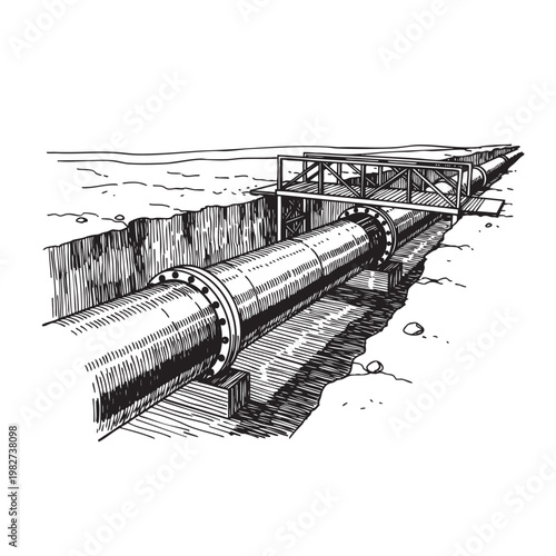 Industrial Oil Gas Pipeline Infrastructure Stretching Across Open Landscape, Technical Black and White Vector Art