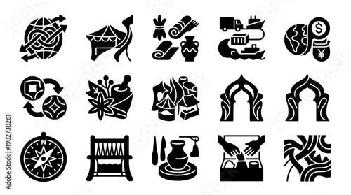 Set of Minimalist Icons with Cultural and Religious Symbols in Monochrome Style