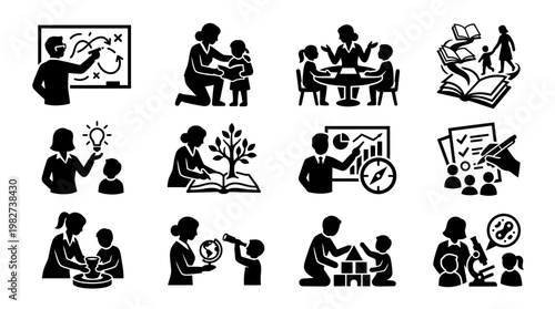 Icon Set of People Engaged in Educational and Communication Activities in Flat Design