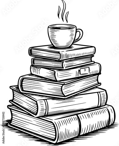Stack of vintage books with steaming coffee cup in black and white reading