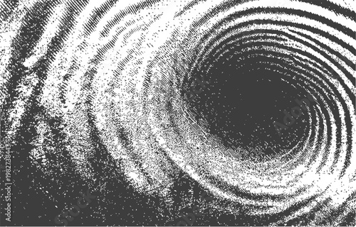 Abstract Black and White Grunge Spiral Vortex Background with Halftone and Distressed Texture