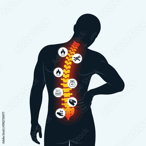 Back Pain Relief: Icons for Heat, Cold, Massage, and Exercise Therapy
