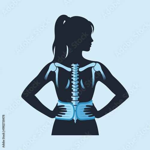 Woman's silhouette with highlighted spine and shoulder bones, lower back support