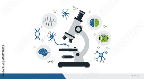 A microscope displays various scientific symbols and graphs in a laboratory setting with Science, Technology, Equipment, Education, and Research.