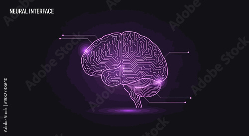 A futuristic neural interface illustration of a brain with purple glowing connections.