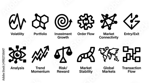 Icons Set Illustrating Business and Financial Concepts with Line Art Style