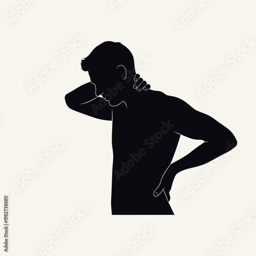 Man silhouette with neck and back pain, touching his sore neck and lower back