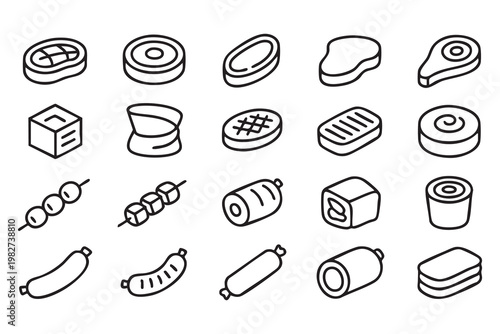 Butcher Shop Meat Cuts and Sausage Outline Icons Collection