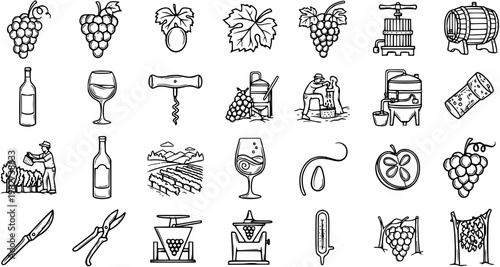 Black and White Line Art Icons of Grapes, Wine Production and Vineyard Elements
