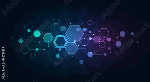 Vibrant hexagons and circles form a futuristic network on a dark background