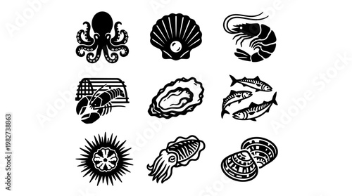 Set of Decorative Ocean Icons Representing Marine Life and Seaside Elements