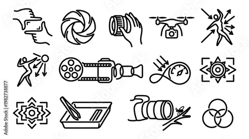 Vector Icon Set of Film Camera and Shooting Equipment for Video Production