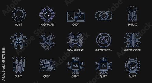 A collection of various blue circuit board designs and symbols on a black background with labels.