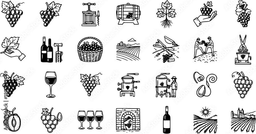 Fototapeta premium Wine and Viticulture Icons Set. Black and White Line Art Symbols of Grapes, Bottles, Glasses, Vineyard, and Winemaking Process. Food and Drink Industry Glyph Pictograms.