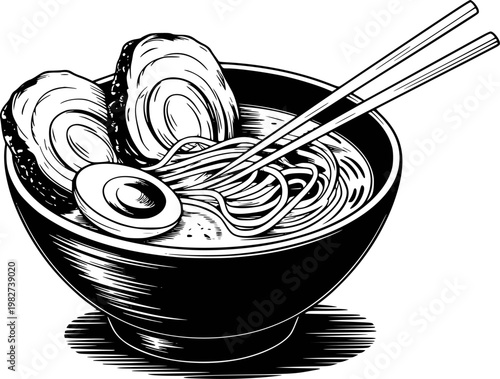 Black and white of a delicious bowl of ramen noodles with meat and egg food