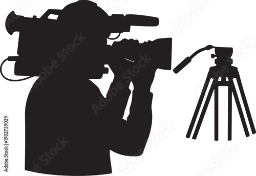 Silhouette of Cameraman with Tripod on White Background