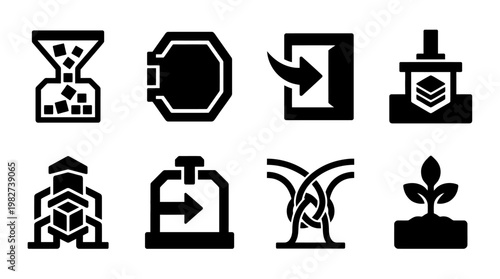 Set of Black Icons Featuring Industrial, Mining, and Environmental Symbols in Linear Style